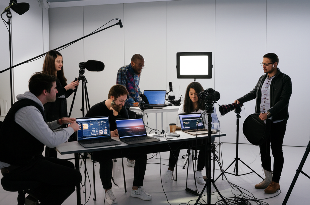 Tech creators collaborating on content